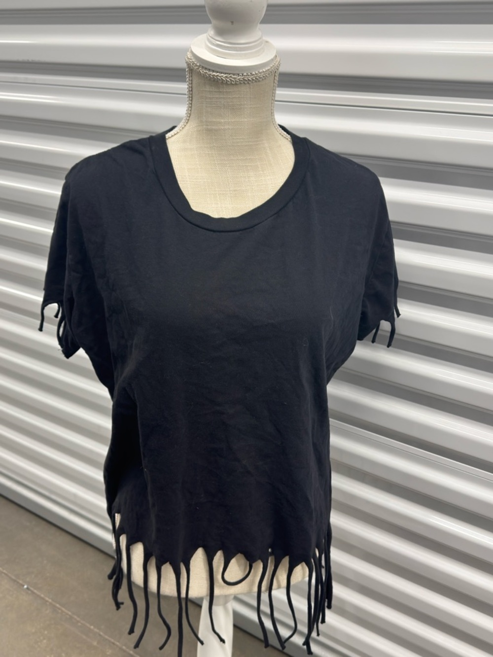 On Fire Black Short Sleeve Tee with Fringe Hem loose fit